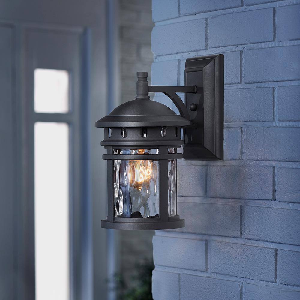 Home Decorators Collection Alestino 1-Light Black Outdoor Wall Light Fixture with Clear Water Glass C2368