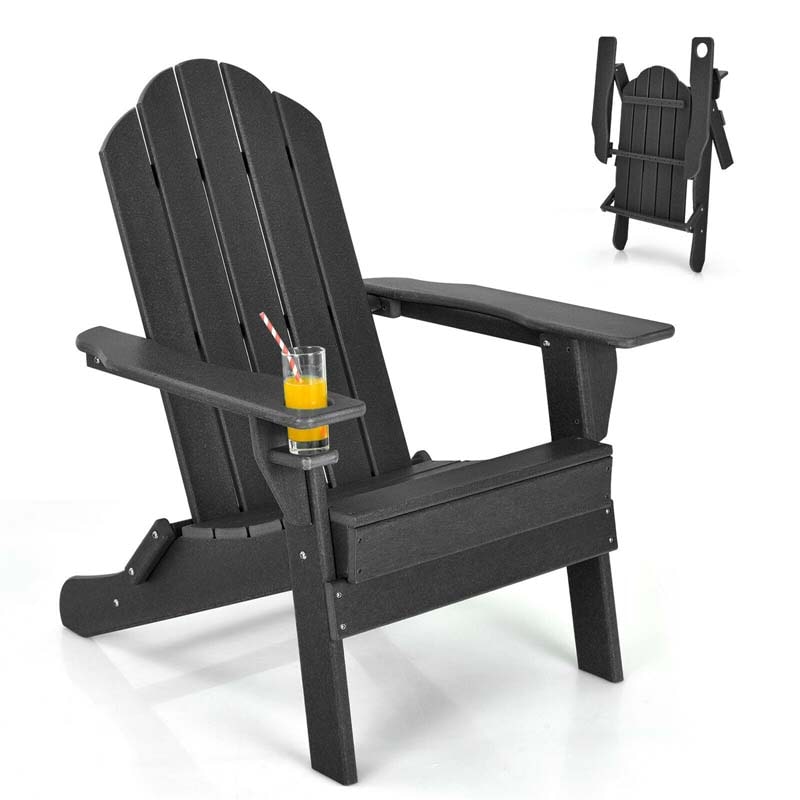 2-Pack Folding Adirondack Chairs with Built-in Cup Holder, PE Weather Resistant Outdoor Patio Folding Chairs