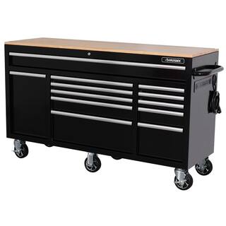 Husky 62 in. W x 20 in. D 12-Drawer Gloss Black Mobile Workbench Cabinet with Solid Wood Top and Power Drawer H62MWC12BLK