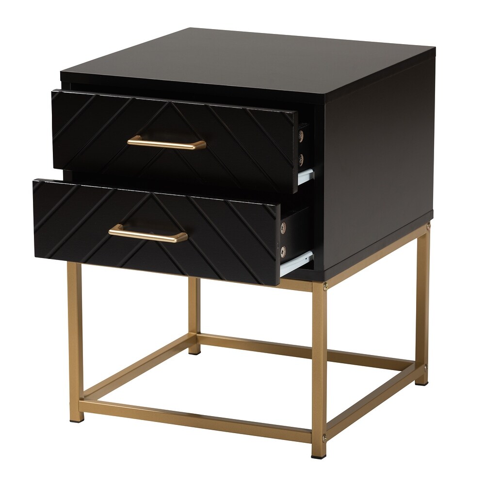 Baxton Studio Inaya Contemporary Glam and Luxe Black Finished Wood and Gold Metal 2 Drawer End Table