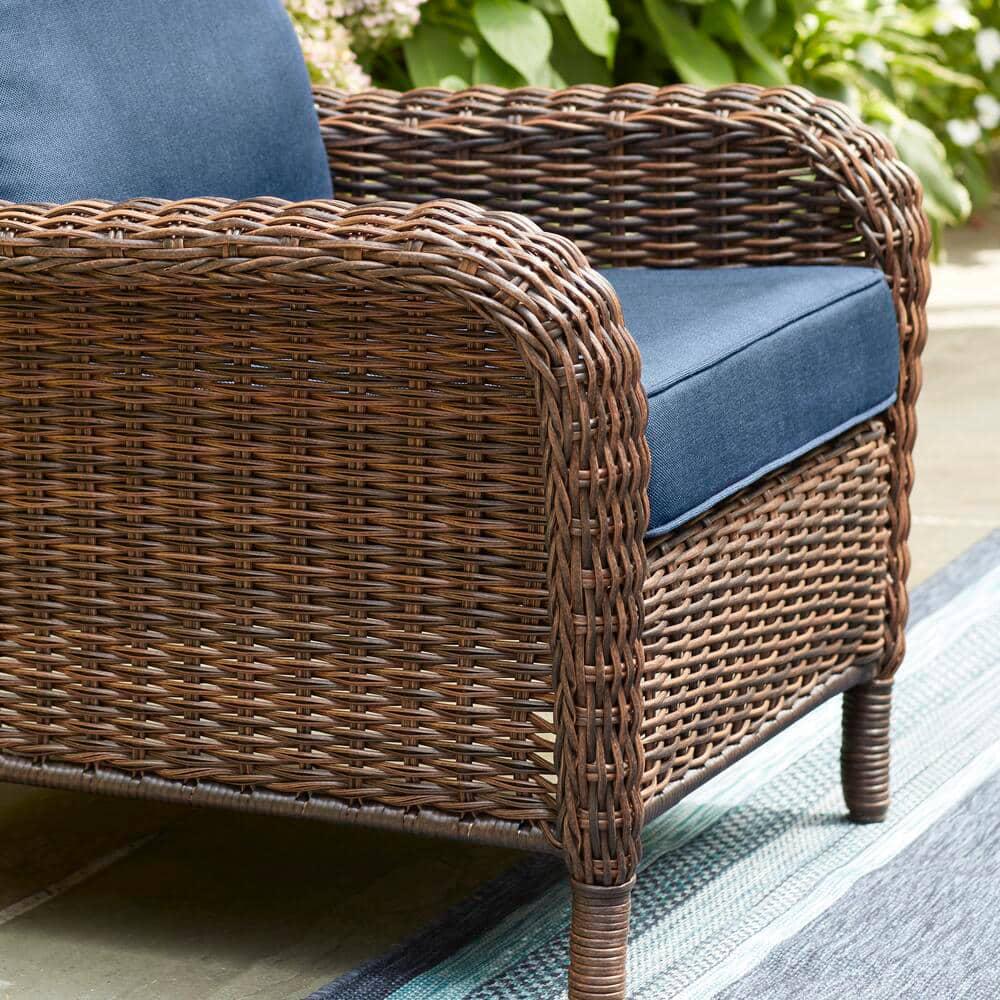 Hampton Bay Cambridge Brown Wicker Outdoor Patio Lounge Chair with CushionGuard Midnight Navy Blue Cushions