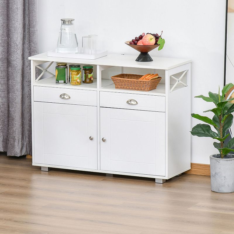 HOMCOM Sideboard Buffet Table Storage Cabinet with Large Tabletop 2 Cabinets 2 Drawers and Crossbar Side Design White