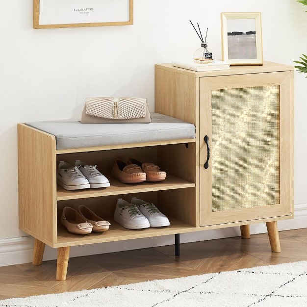 Trinity Shoe Bench With Storage Shoe Cabinet 2 in 1 Rattan Shoe Cabinet With Seat Cushion For Entryway Hallway Living Room Wood Color