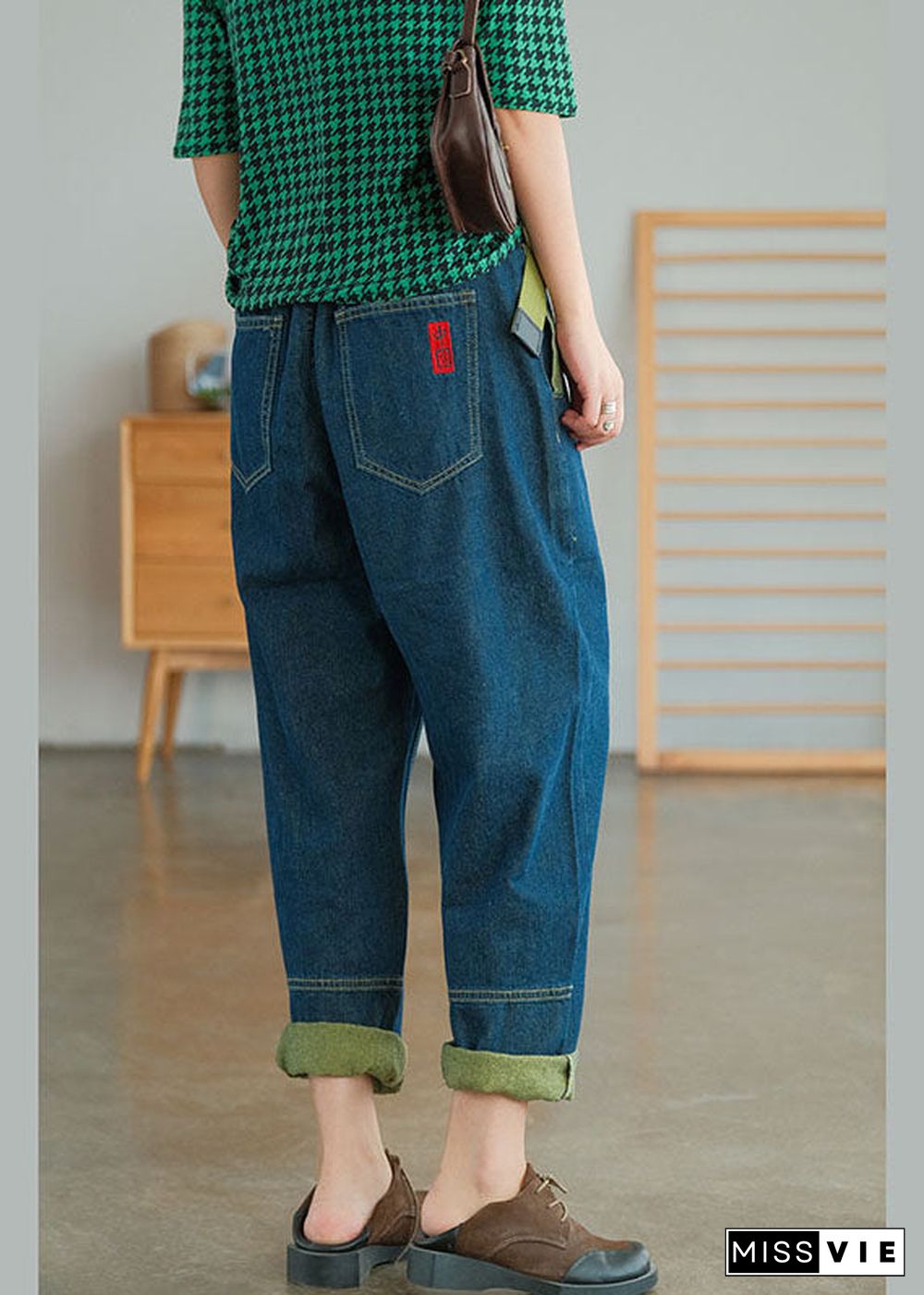 Plus Size Blue Casual Pockets Patchwork Harem Fall Pants