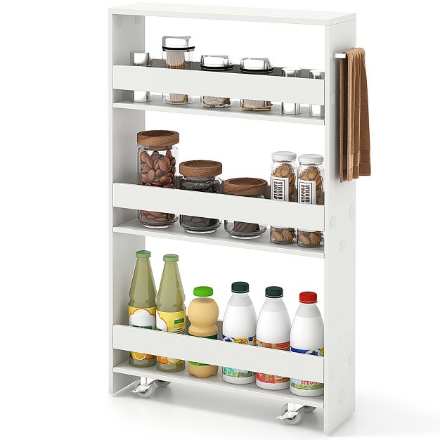 Costway 4 tier Slim Storage Cart With Open Shelves Rolling Kitchen Cart On Wheels Narrow Black grey white