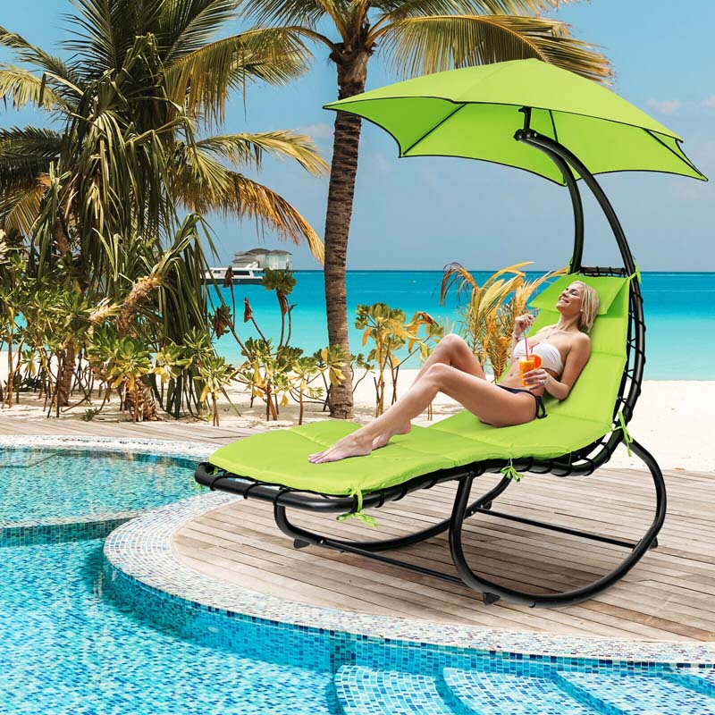 Full-Padded Hammock Chair Swing Patio Sun Lounger with Shade Canopy, Outdoor Chaise Lounge Hanging Chair for Pool Beach Deck