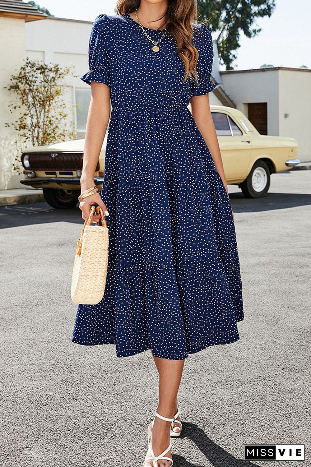 Polkadot Print Puff Sleeve Long Dress Wholesale