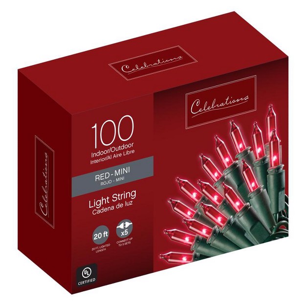 Celebrations Incandescent Mini Red 100 Ct String Christmas Lights 20 Ft