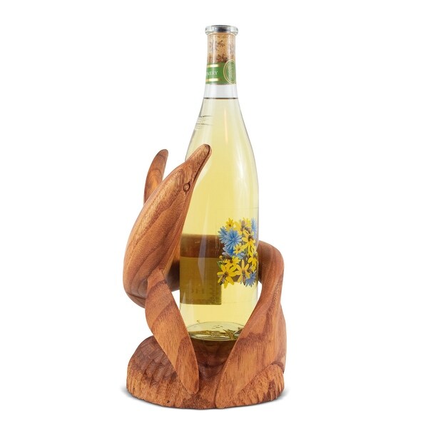 Wooden Handmade Wine Rack Bottle Holder Free Standing Dolphin Wood Rustic Hand Carved Home Decor Accent Decoration Gift Bar A