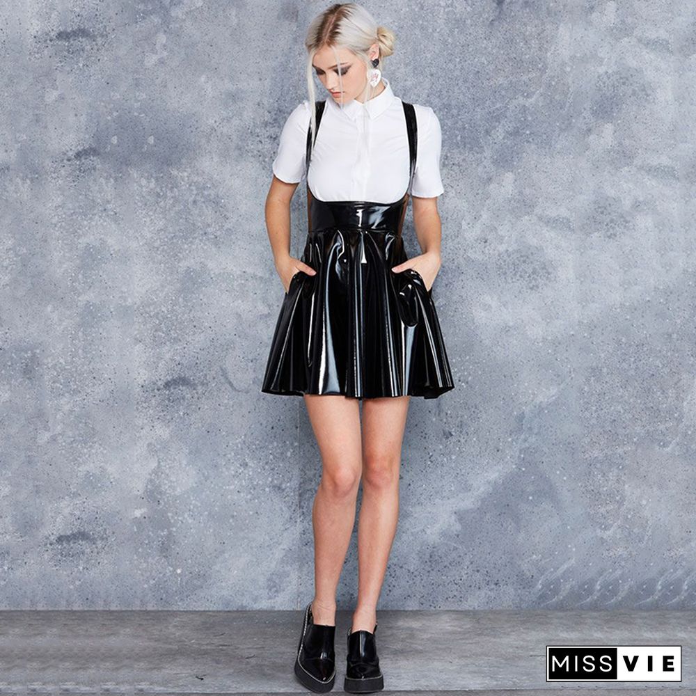 Shiny Patent Leather Sleeveless Tank Dress Women Gothic PVC Wet Look A-line Mini Pleated Dress Lady Bodycon Dress Party Custom