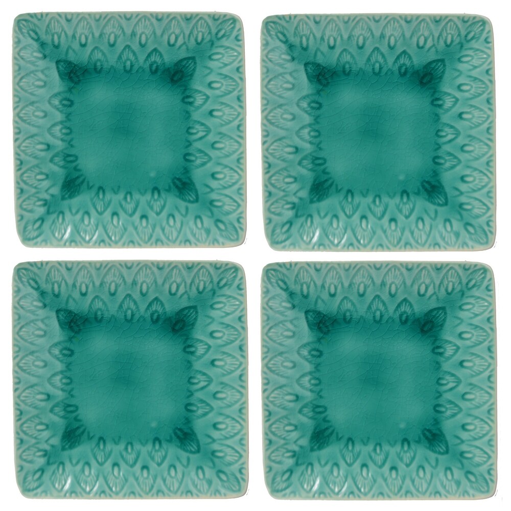 Euro Ceramica Peacock Stoneware 6.5 Inch Square Appetizer Salad Plate Set in Lagoon (Set of 4)   6.5 x 6.5 x .9