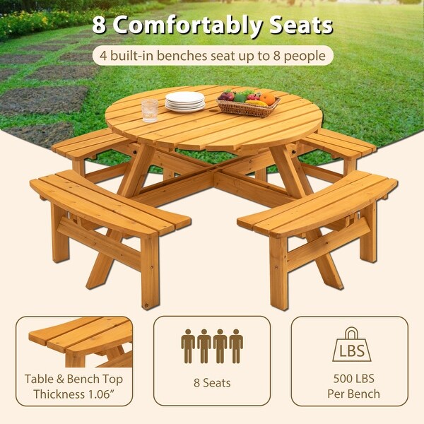 43.3'' Round Wooden Outdoor Picnic Dining Table with 4 Builtin Benches for 8 Person