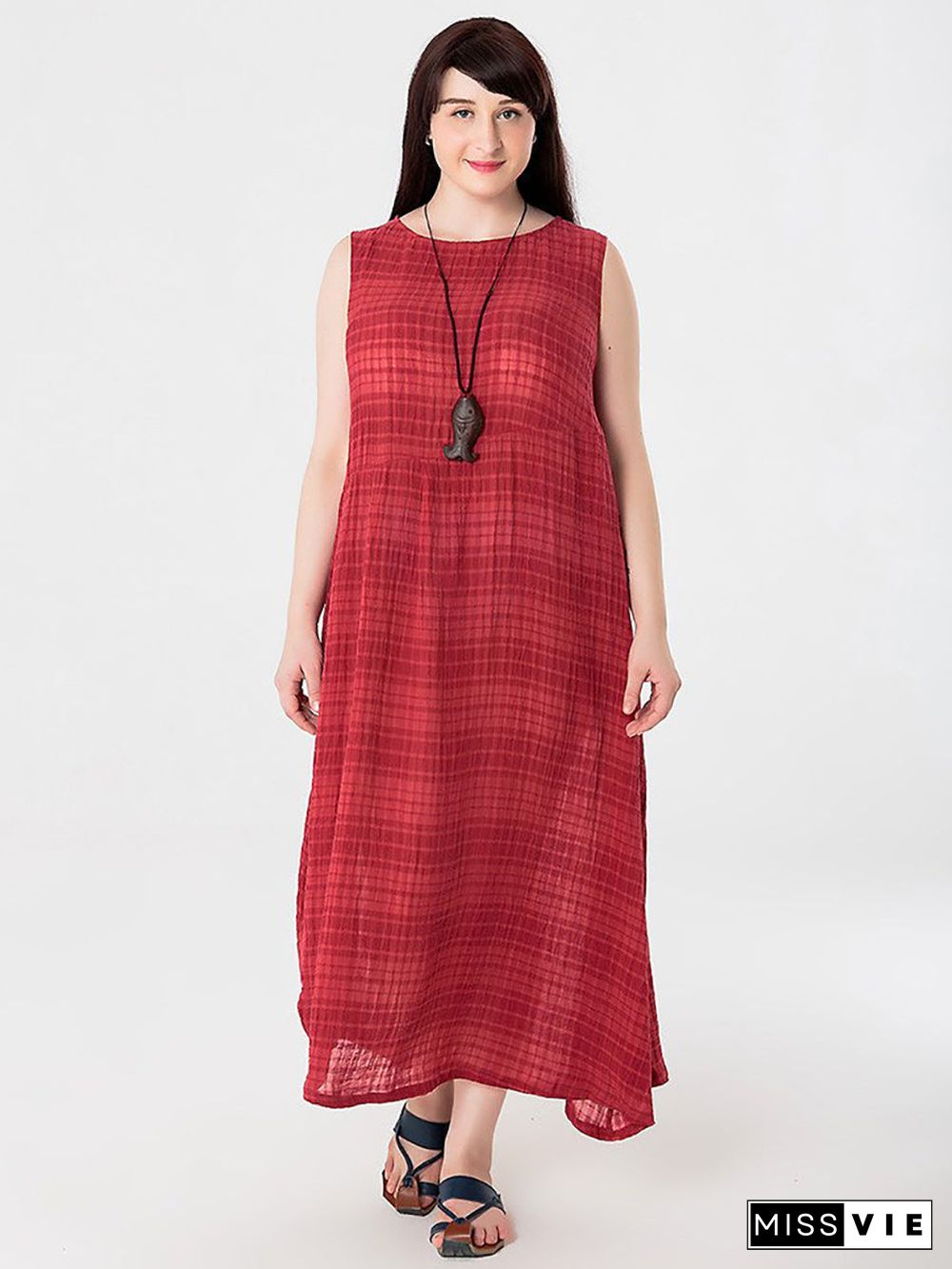 Plus Size Women Summer Plaid Cotton Linen Vest Dress