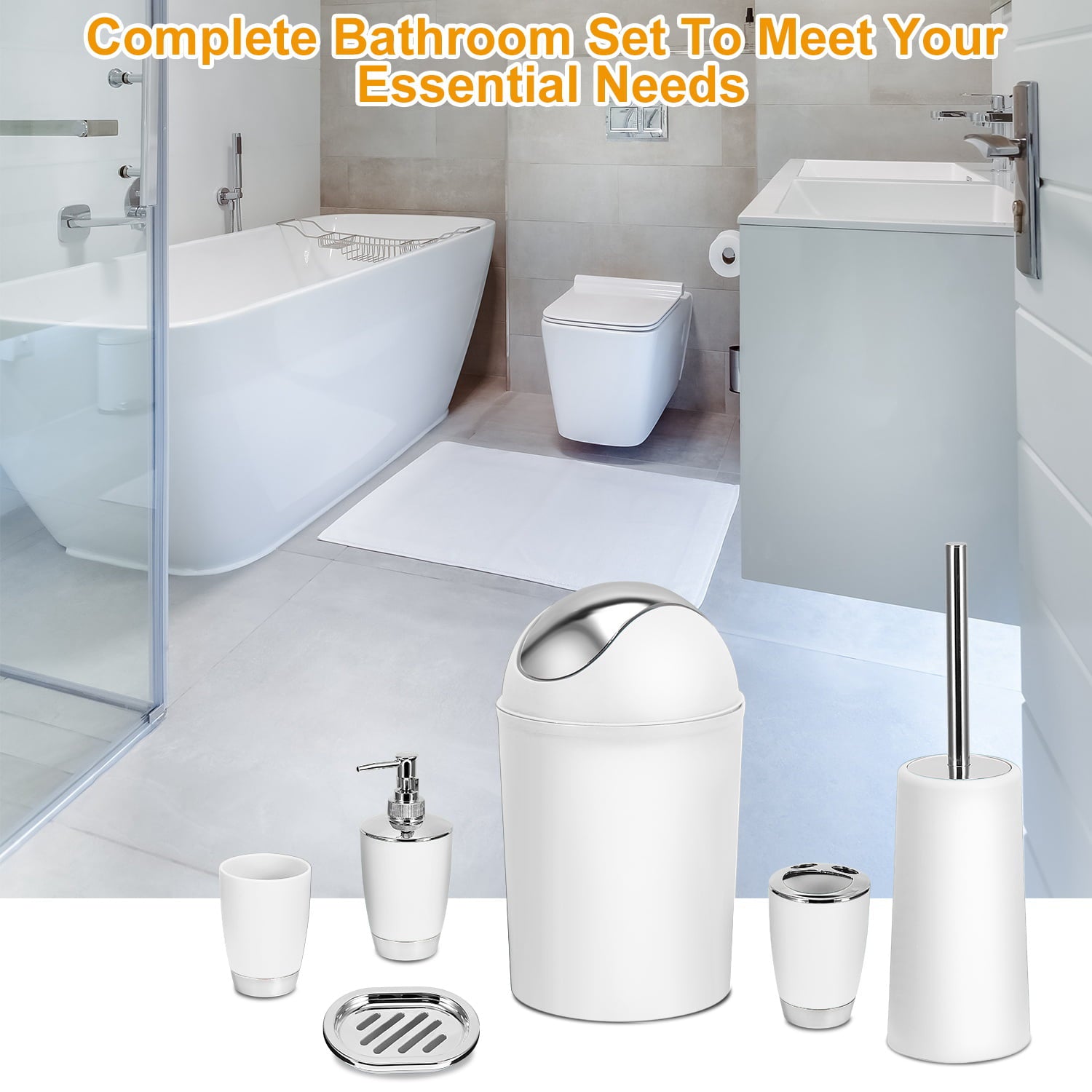 iMountek Bathroom Accessories Set 6 Pcs Bathroom Set Gift SetTumbler Straw Set Ensemble Complete Soap Dispenser Toothbrush Holder Tumbler Soap Dish Toilet Cleaning Brush Trash Can for White