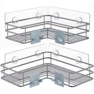 Cubilan Wall Mount Adhesive Stainless Steel Corner Shower Caddy Shelf Basket Rack with Hooks in Silver (2-Pack) HD-WW7