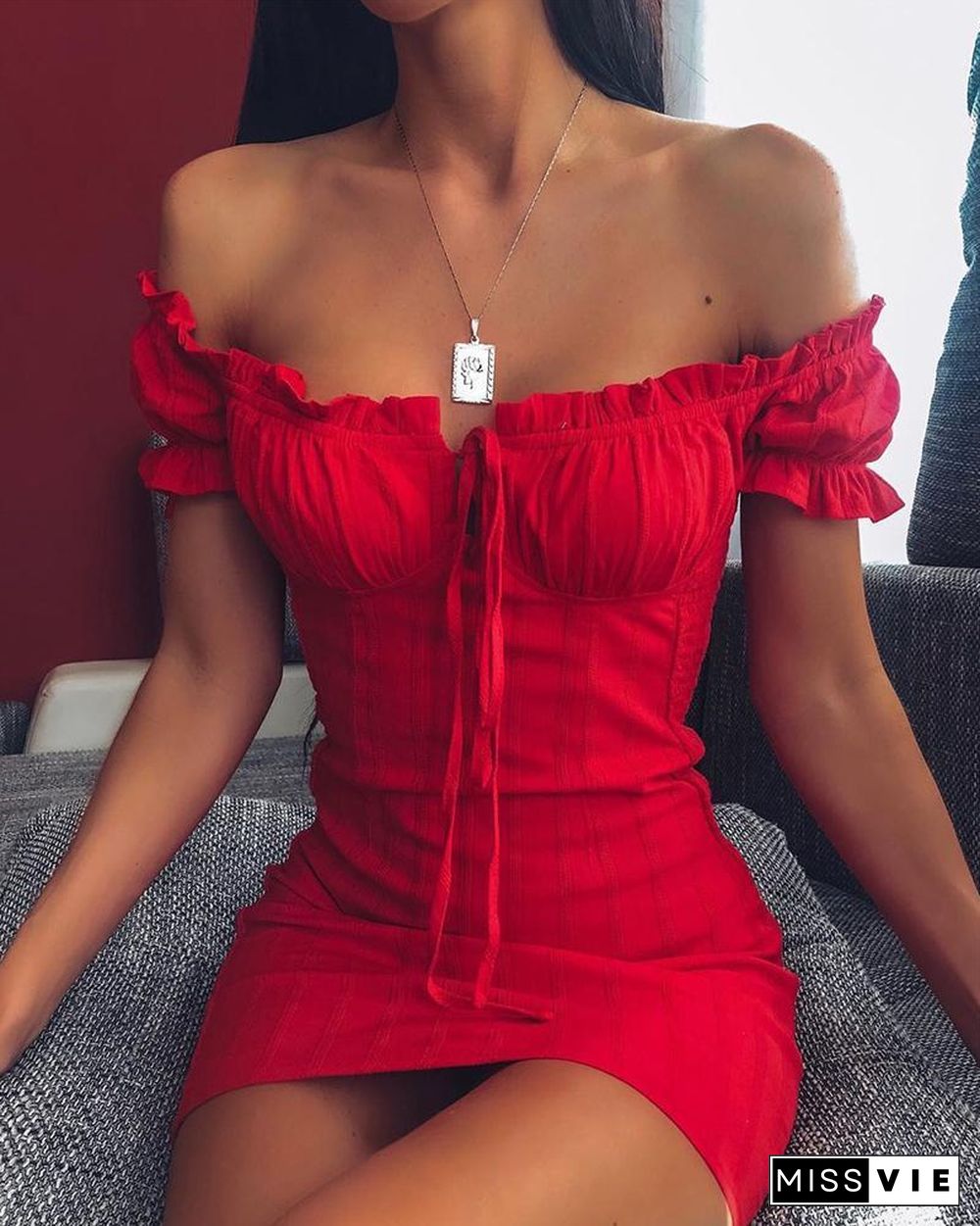 Off Shoulder Smocked Bodycon Dress