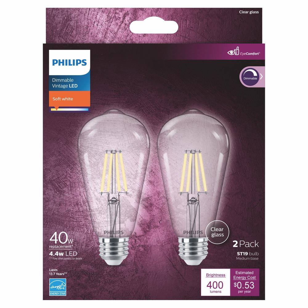 Philips 40-Watt Equivalent ST19 Clear Glass Dimmable E26 Vintage Edison LED Light Bulb Soft White 2700K (2-Pack) 564856