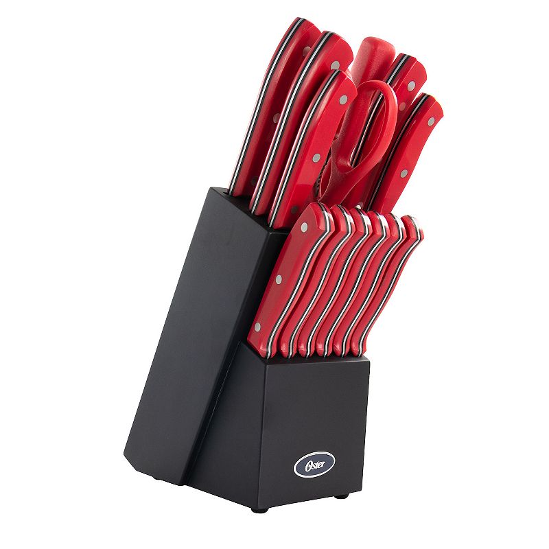 Oster Cocina Steffen 14 Piece Stainless Steel Cutlery Set in Red with Hardwood Storage Block