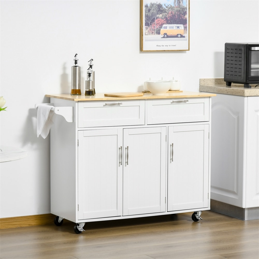 Mobile Kitchen Island  Kitchen Cart w/ Wood Top  Drawers   Towel Rack