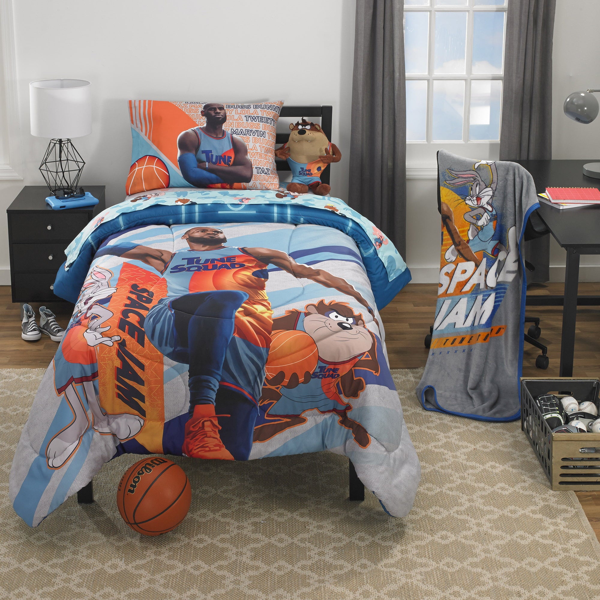 Space Jam Kids Comforter and Sham， 2-Piece Set， Twin/Full， Reversible， Blue， Warner Bros