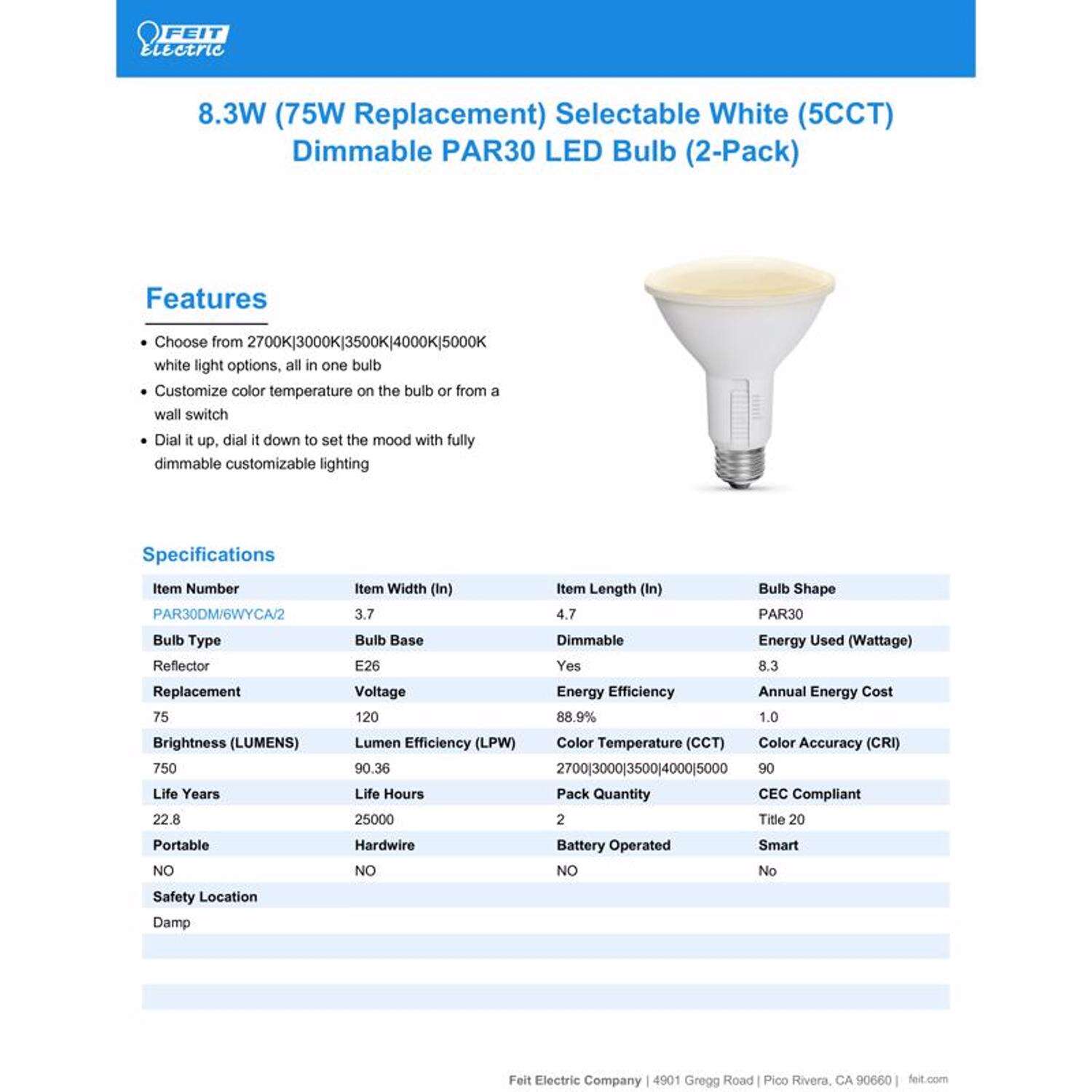 Feit Enhance PAR 30 E26 (Medium) LED Bulb White 75 Watt Equivalence 2 pk