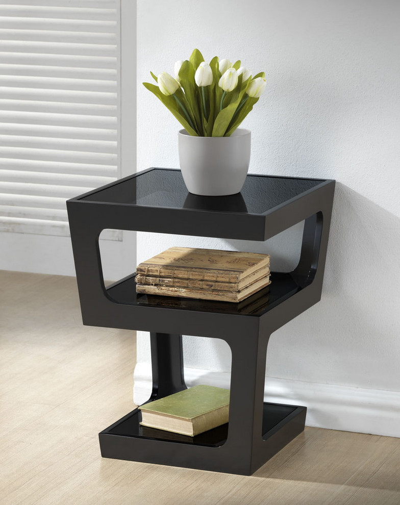 Baxton Studio Clara Black Modern End Table With 3  Tiered Glass Shelves   Transitional   Side Tables And End Tables   by VirVentures  Houzz