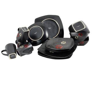 GIBSON elite Evening Blossom 16-Piece Casual Black Stoneware Dinnerware Set (Service for 4) 98581970M