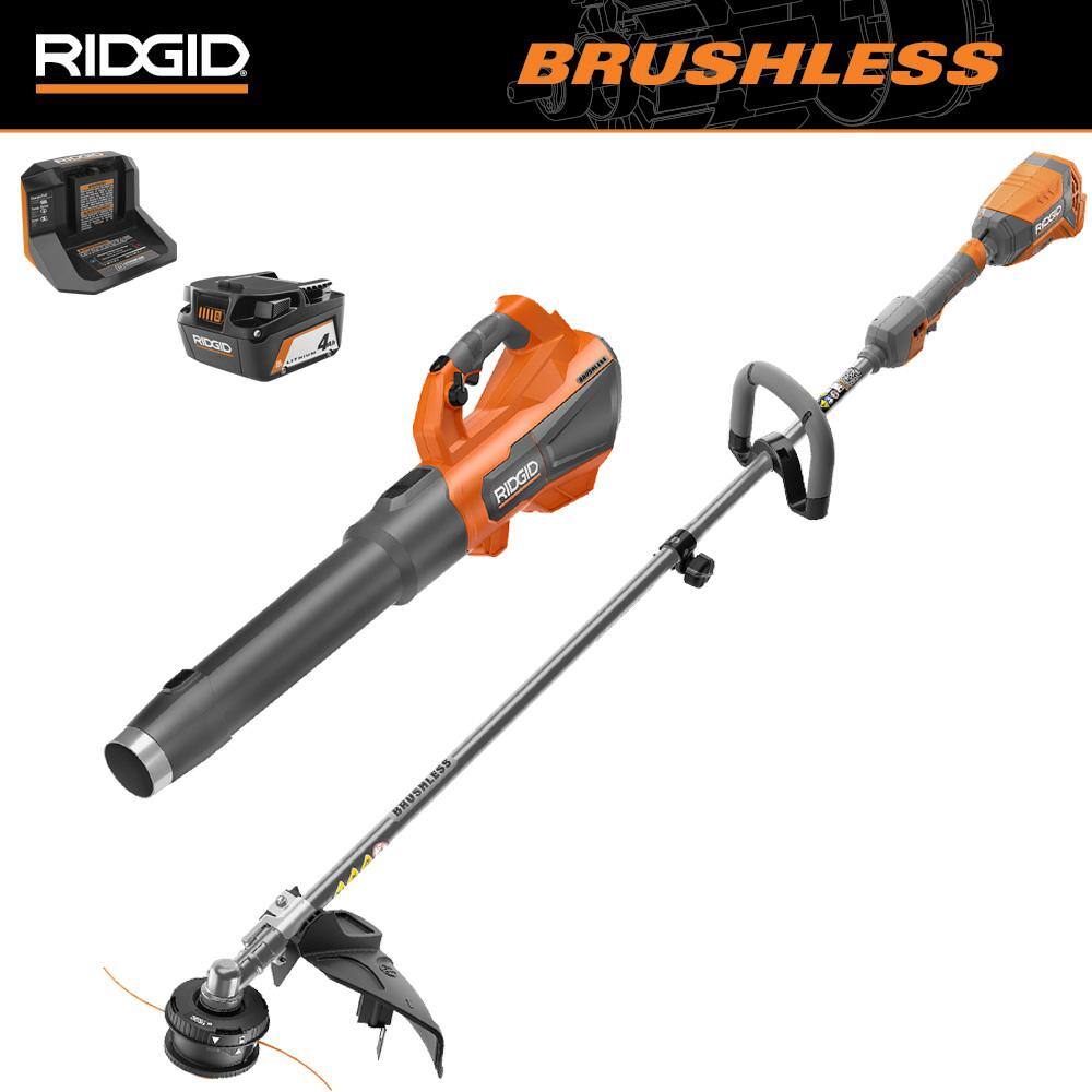 RIDGID 18V Brushless 14 in. Cordless Battery String Trimmer and Leaf Blower 2-Tool Combo Kit with 4.0 Ah Battery and Charger R019001