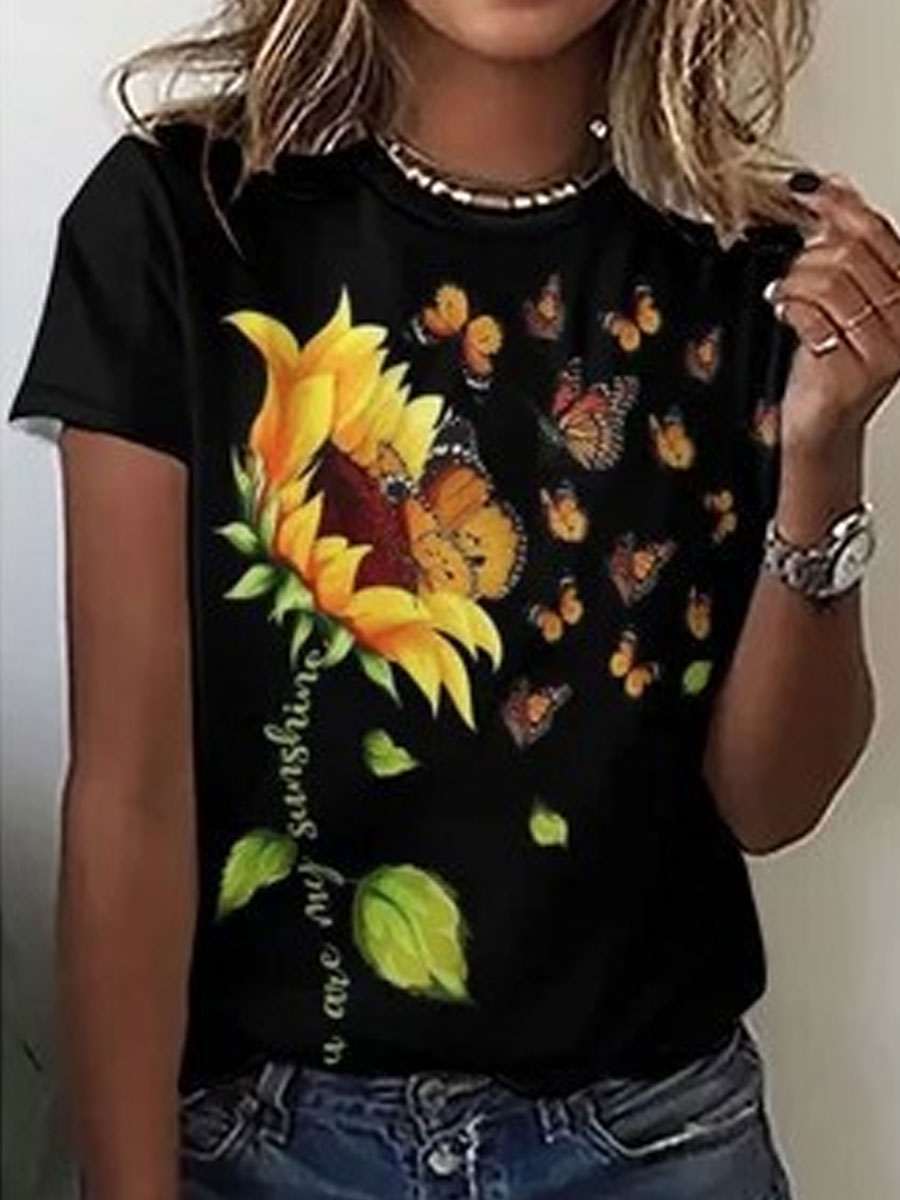 Round Neck Casual Loose Sunflower Print Short Sleeve T-shirt