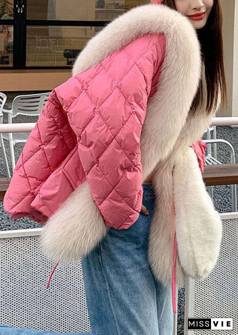 Stylish Pink Fox Hair Sailor Collar Pockets Fine Cotton Filled Puffers Jackets Winter