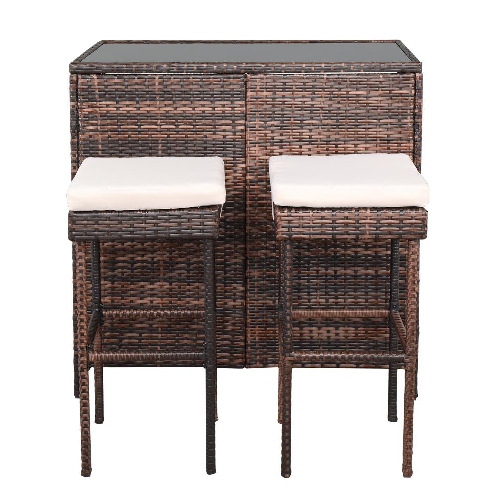 SalonMore 3 Pieces Rattan Wicker Bar Table And Bar Stool Patio Set， Brown Gradient