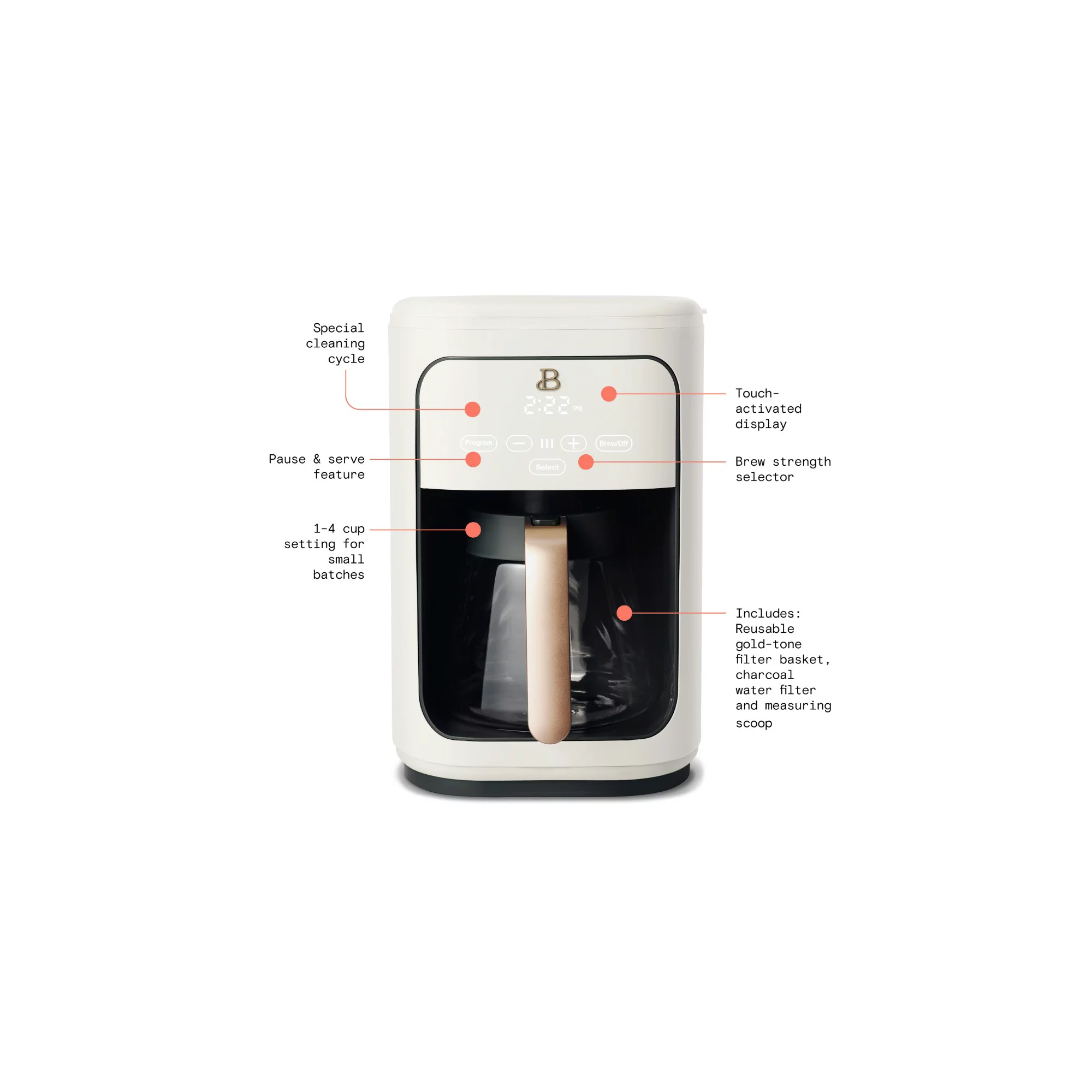 Beautiful 14 Cup Programmable Touchscreen Coffee Maker， White Icing by Drew Barrymore