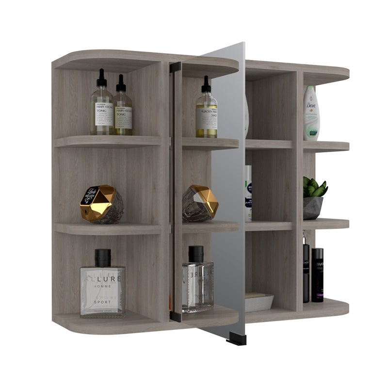 TUHOME Milan Medicine Cabinet, Six External Shelves Mirror, Three Internal Shelves, Light Grey, For Bathroom