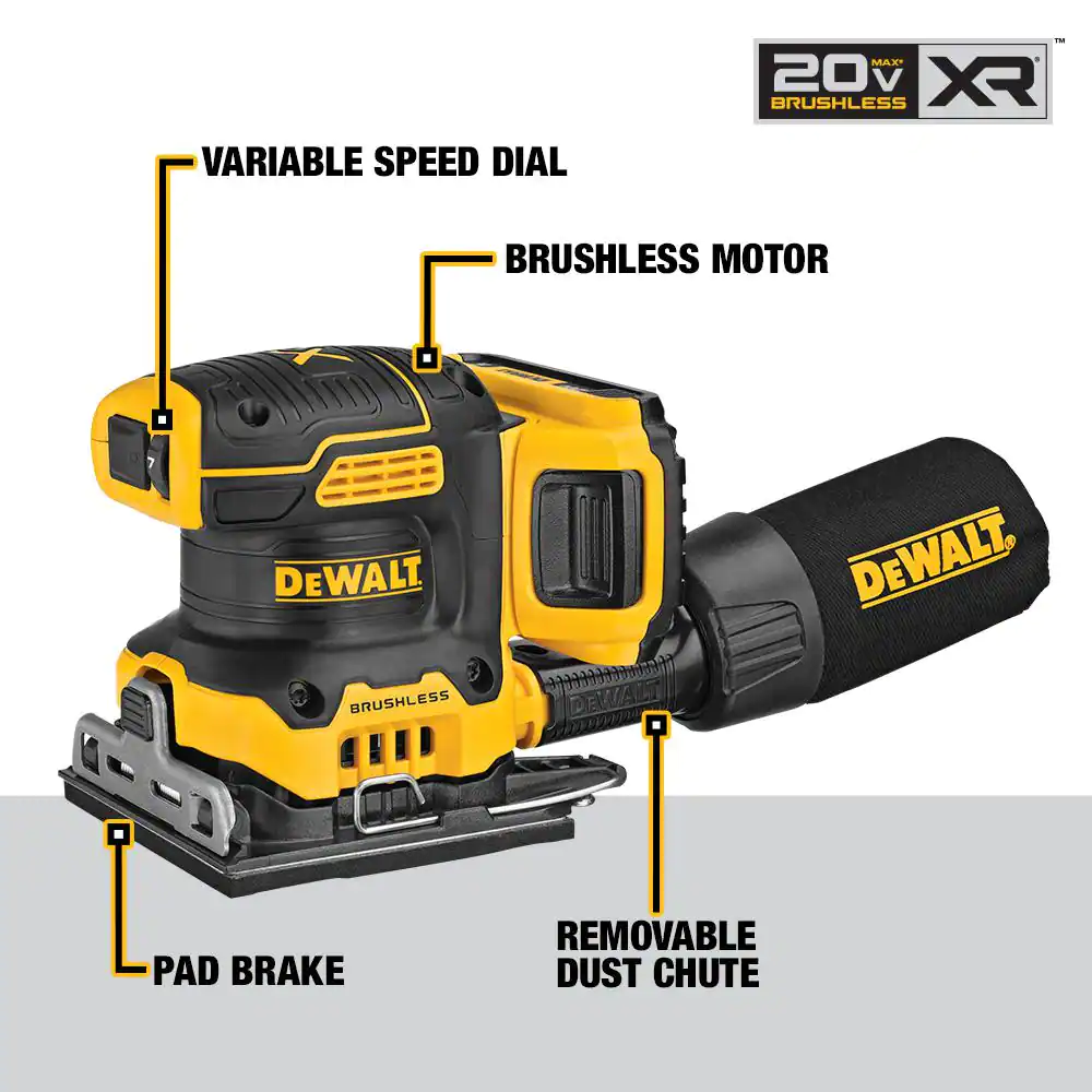 DEWALT DCW200D1 20-Volt MAX XR Cordless Brushless 1/4 Sheet Variable Speed Sander with (1) 20-Volt Battery 2.0Ah and Charger