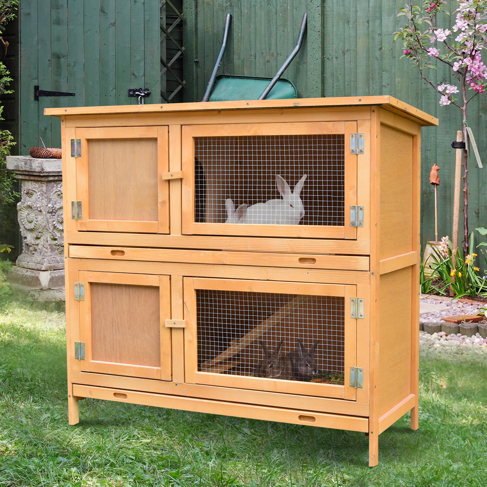 Pawhut Solid Wood Rabbit/Bunny Hutch with 2 Large Main Rooms， Yellow