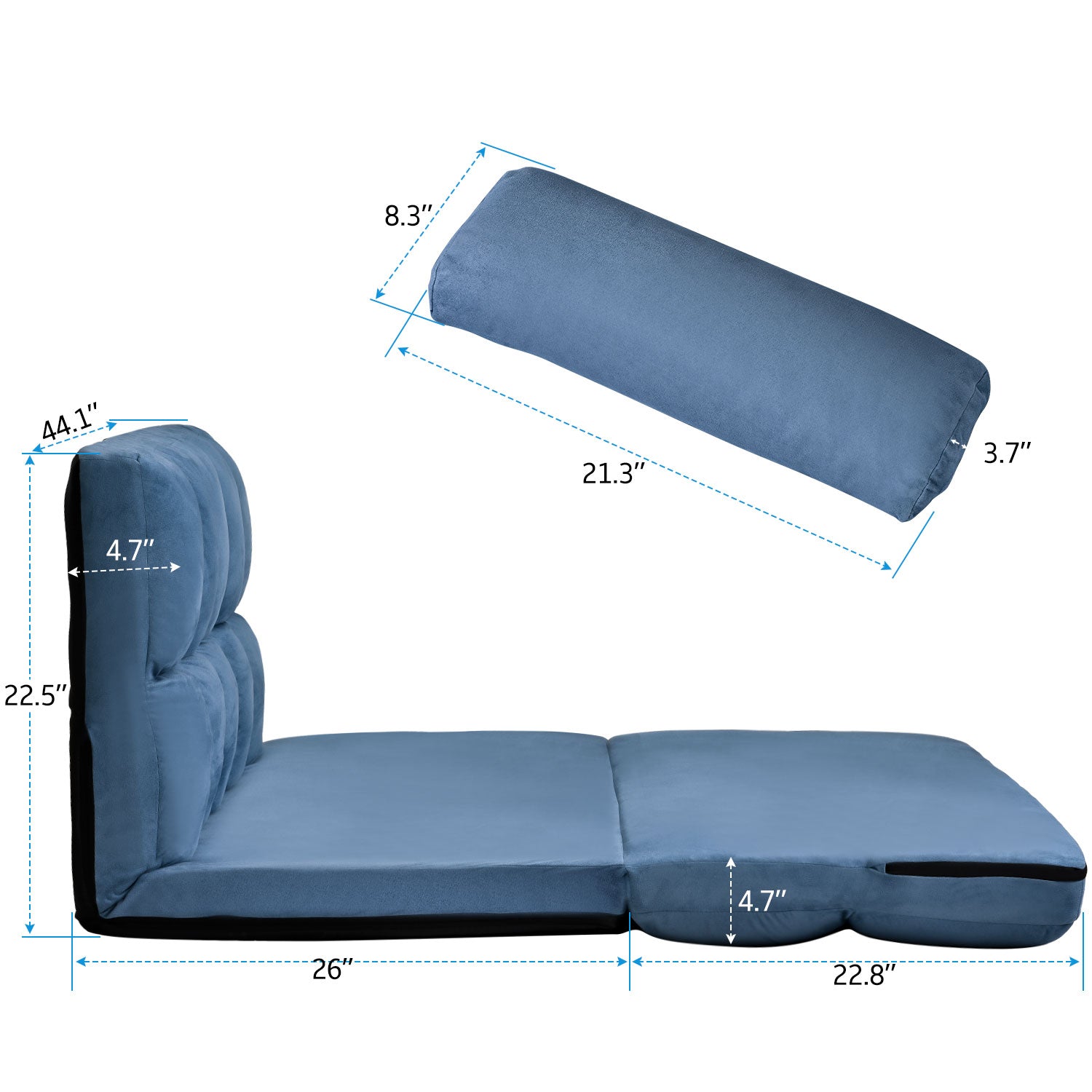 Double Chaise Lounge Sofa Floor Couch and Sofa with 2 Pillows for Living Room, Blue