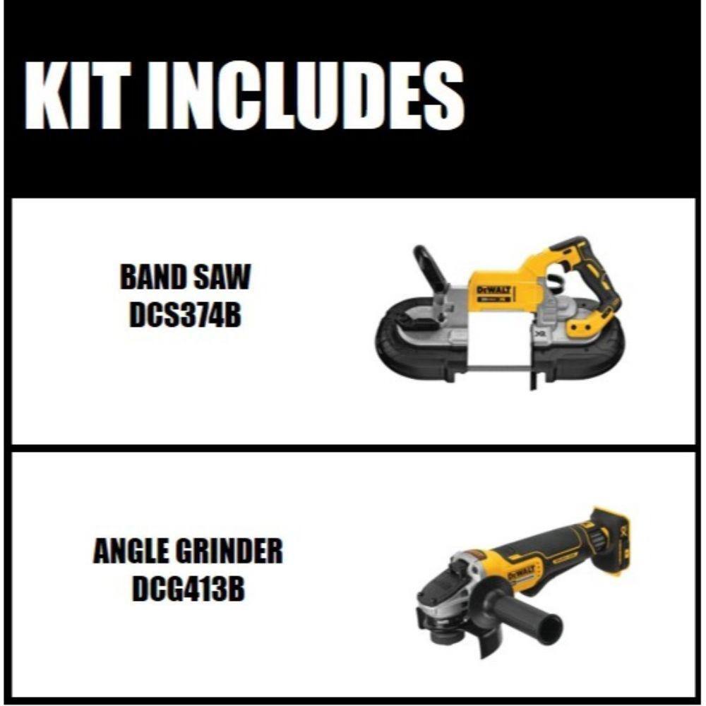 DW 20V MAX XR Cordless Brushless Deep Cut Band Saw and 20V MAX XR Cordless Brushless 4.5 in. Paddle Switch Angle Grinder DCS374BW413B