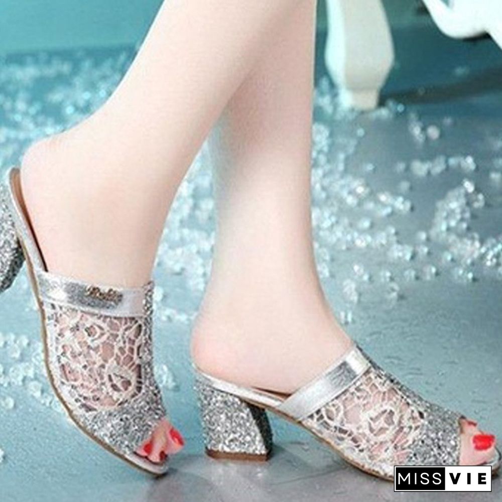 Women Fashion Open Toe Slippers Bling Bling Glitter Mesh PU Leather Summer Shoes Woman Square Heel Pumps Sandals Zapatos Mujer Sapatos Femininos