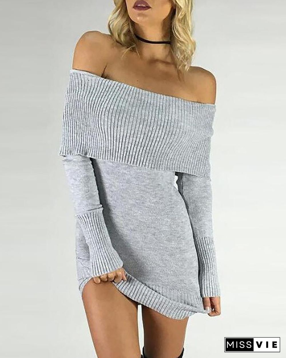 Off Shoulder Long Sleeve Sweater Dress P13625