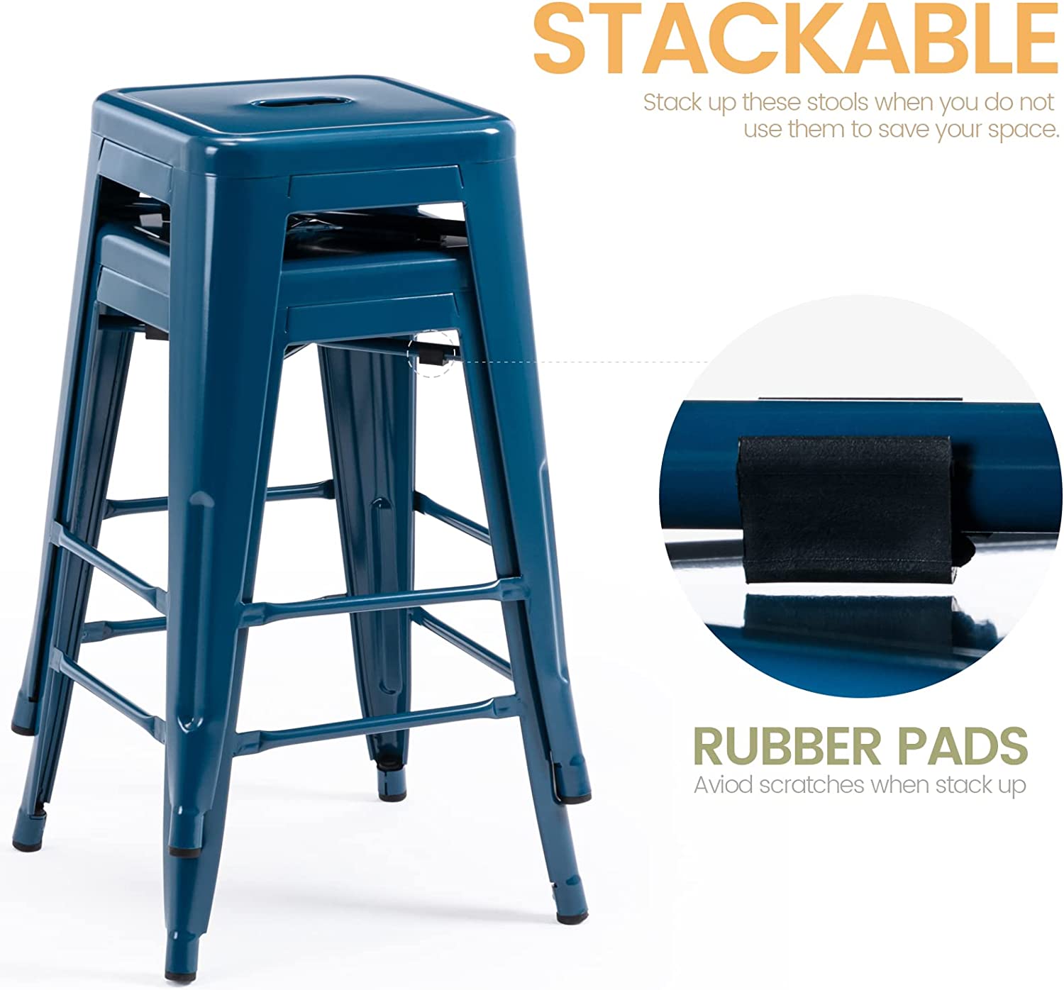 24 Inch Metal Bar stools, Backless Counter Height Barstools, Indoor Outdoor Stackable Stools with Square Seat