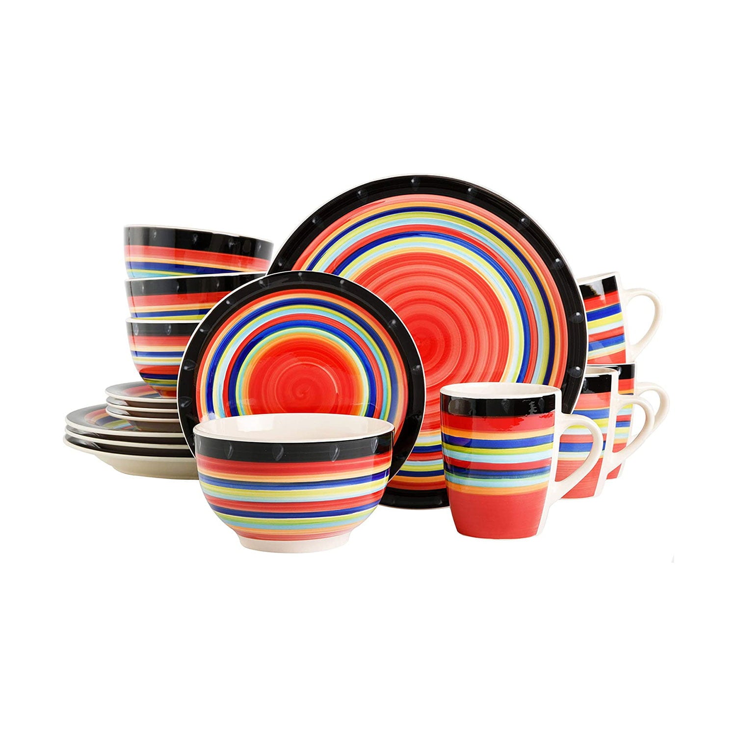 Gibson Casa Stella 16 Piece Plates， Bowls， and Mugs Set， Multicolor (2 Pk)