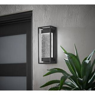 Hampton Bay Lindley Modern 1-Light Matte Black Hardwired LED Outdoor Wall Lantern Sconce with Bubble Double Frame (1-Pack) WWL-009-M-MB