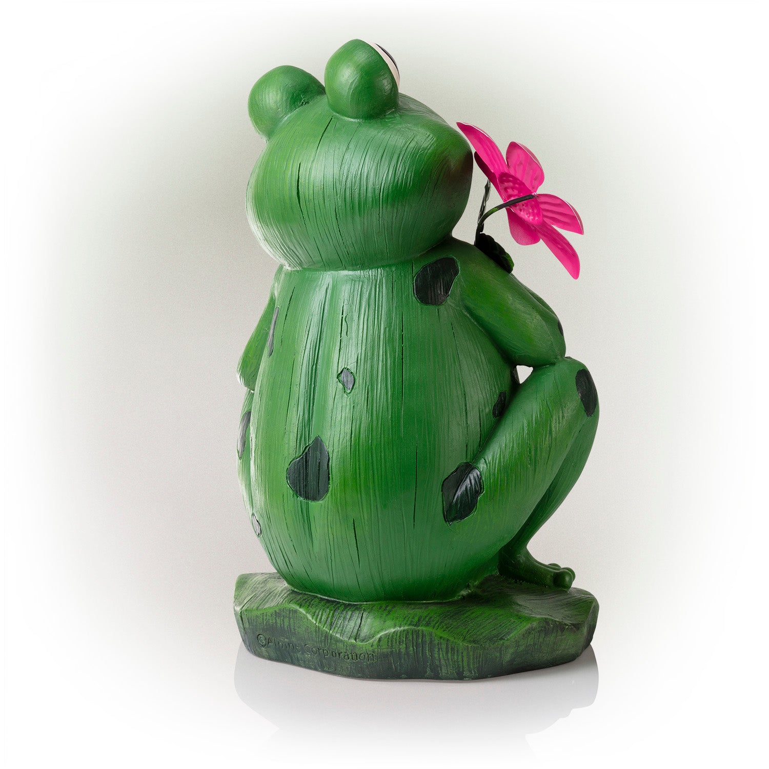 Alpine Corporation 12" x 9" x 18" Polyresin Lighted Welcome Frog Garden Statue, Green/Pink