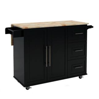 Black Solid Wood Table Top Extensible Kitchen Island with Spice Rack and Towel Rack EC-KIBK-963