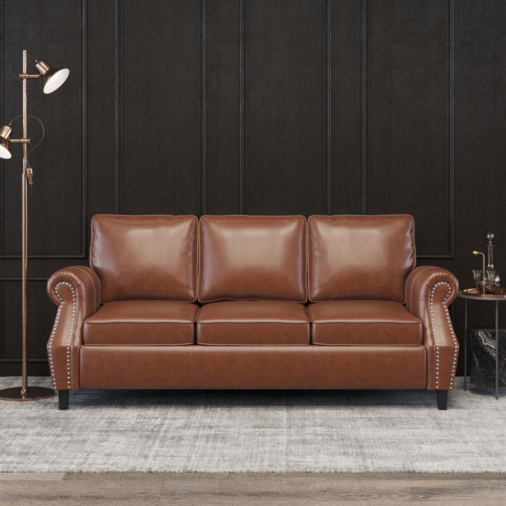 3 Seat Sofa  PU Leather Seat  ampRolled Slanted Arms With Nailhead   Transitional   Sofas   by Decorn  Houzz