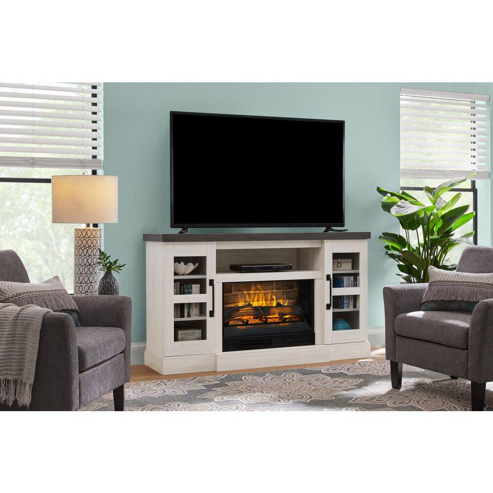 StyleWell Chelsea 58 in. Freestanding Electric Fireplace TV Stand in Light Taupe Ash Grain w Charcoal Top HDFP58-65E