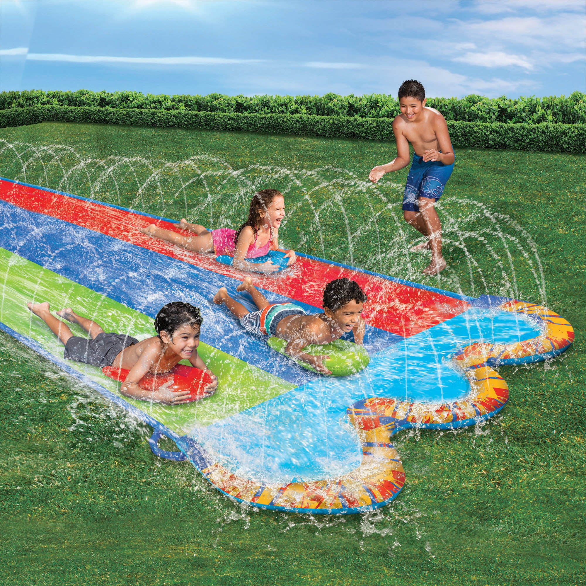 Banzai Triple Racer Inflatable Water Slide with 3 Body Boards, 16 ft x 82 in, Outdoor Use