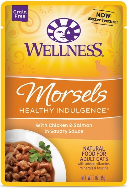 Wellness Healthy Indulgence Morsels with Chicken and Salmon in Savory Sauce Grain-Free Wet Cat Food Pouches， 3-oz， case of 24