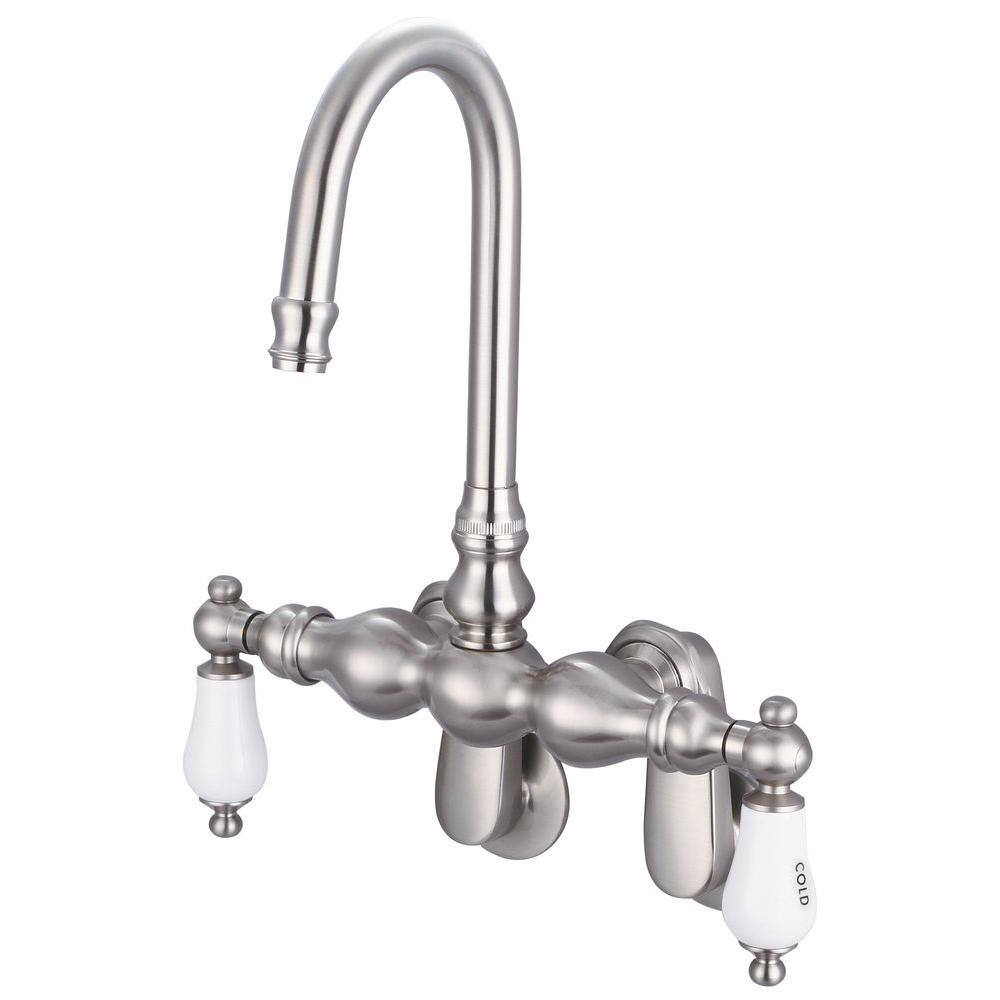 Water Creation 2-Handle Wall Mount Gooseneck Claw Foot Tub Faucet with Labeled Porcelain Lever Handles in Brushed Nickel F6-0015-02-CL