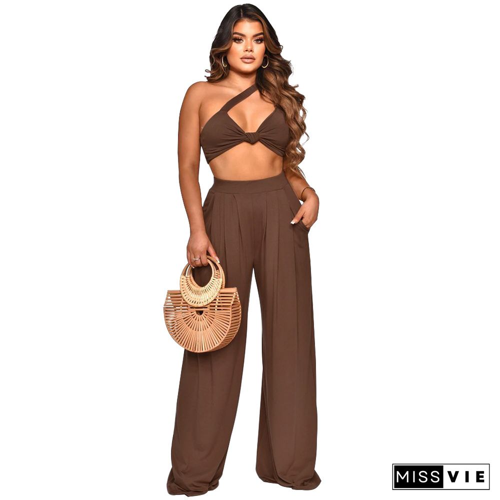 Skew Collar Crop Top Wide Leg Pants Two Piece Set